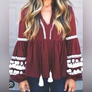 Anthropologie Vineet Bahl Burgundy Pom Pom Peasant Boho Blouse Top Size S. VGUC
